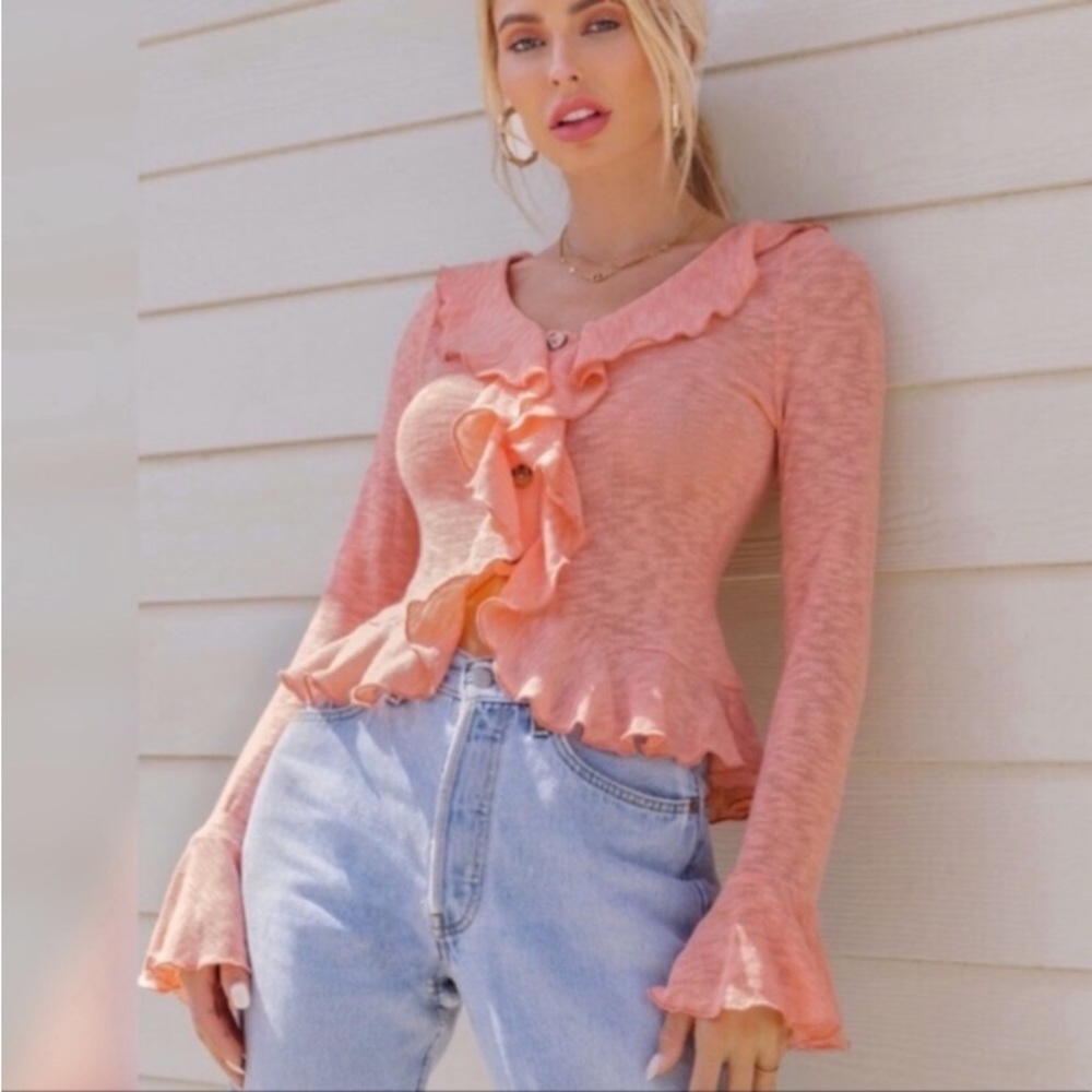 New PEACH RUFFLE PEPLUM QUARTER LENGTH SLEEVE BLOUSE